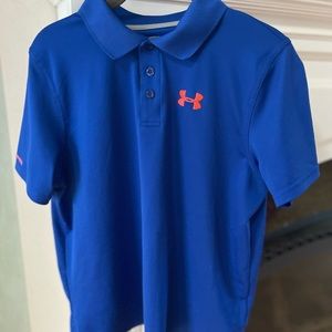 Electric blue and orange Under Armor collared polo shirt.